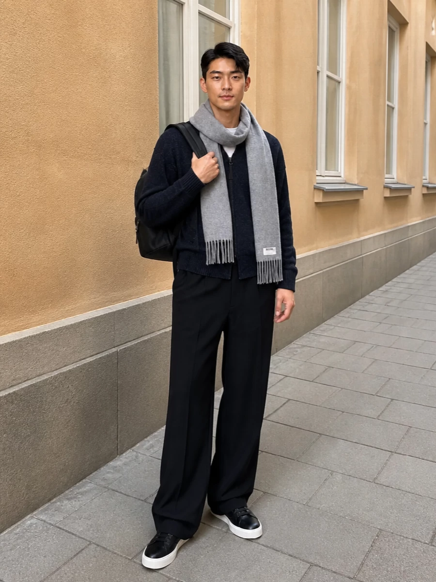 Moschino navy zip knit black wide leg outfit