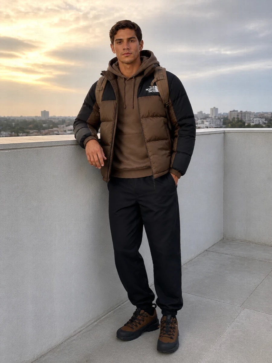 Earthy browns and deep black build a tight outdoor street set that feels ready for cold city days and quick escapes. The puffer and trail shoe echo each other, while the clean jogger and tonal backpack keep the silhouette grounded and practical. It is a quietly technical mix that reads intentional rather than overbranded.