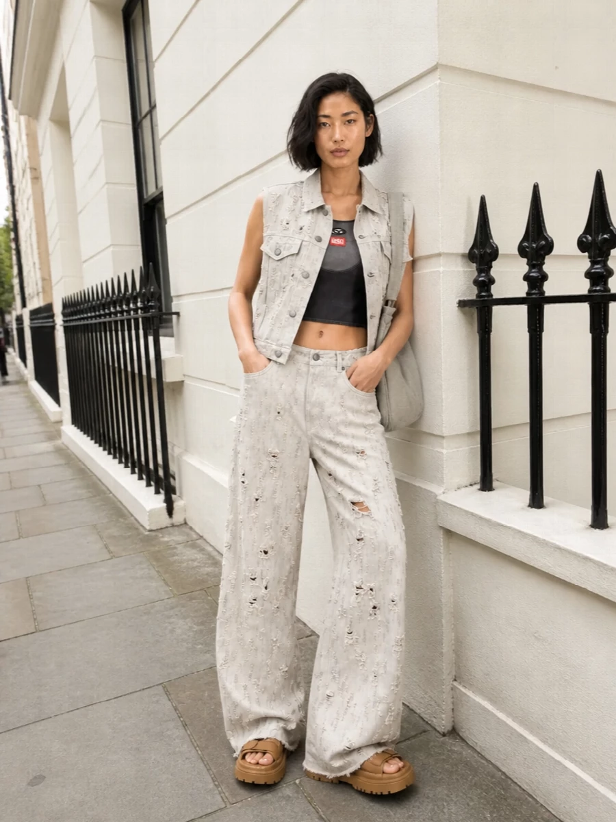 Haikure distressed denim vest wide leg jeans outfit