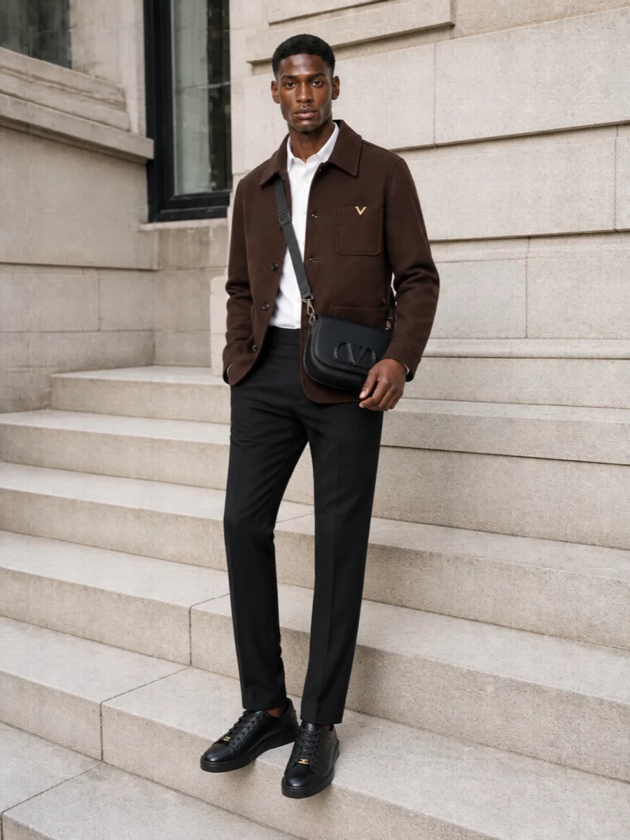 Valentino brown overshirt black trousers outfit