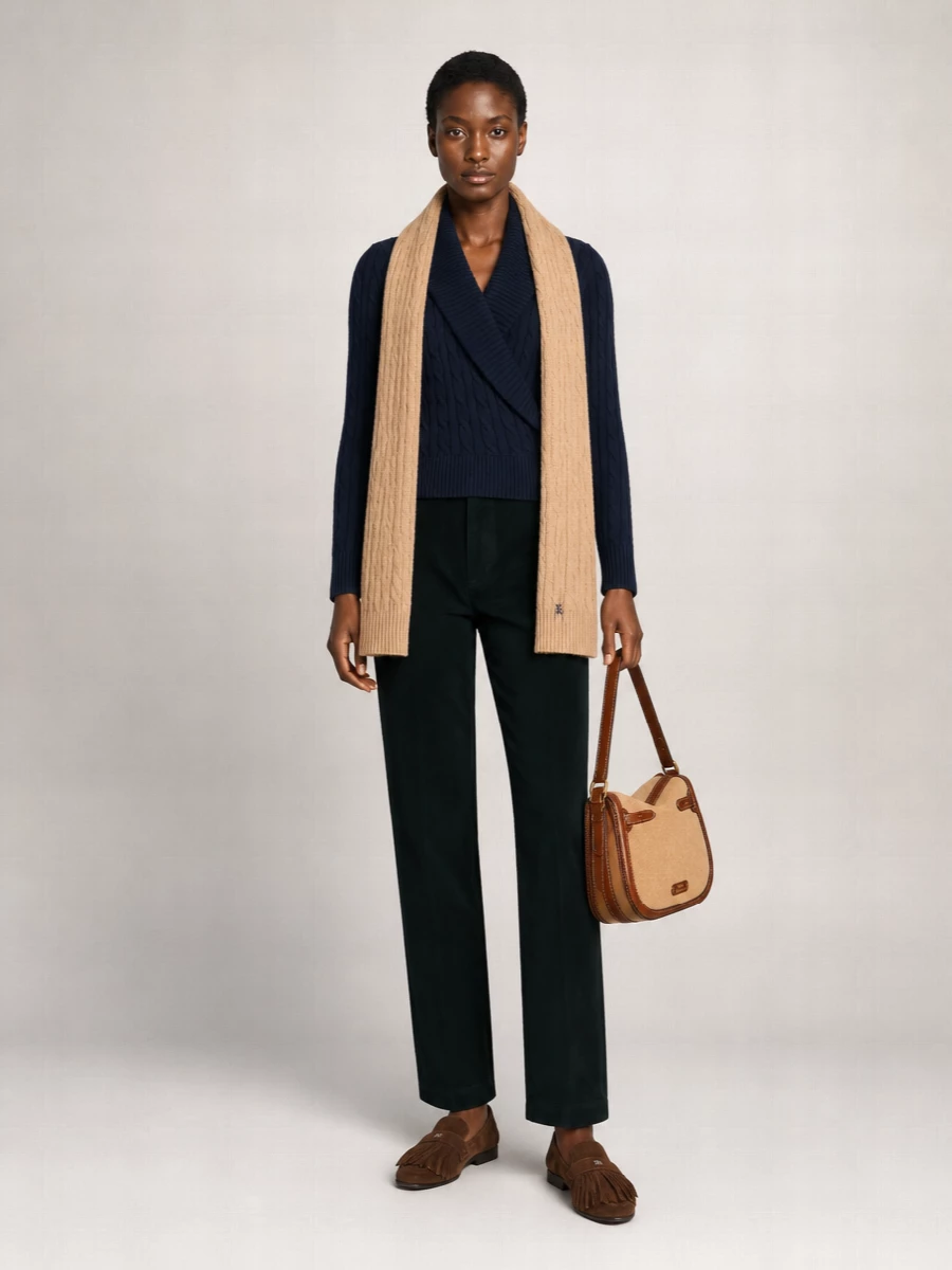 A navy wrap cable knit pairs with deep, tailored straight-leg trousers for a refined, columned silhouette that works from desk to dinner. Chocolate suede loafers and a camel‑brown shoulder bag introduce warm equestrian notes without disturbing the quiet palette. The camel scarf finishes it with a soft layer of texture and just enough winter practicality.