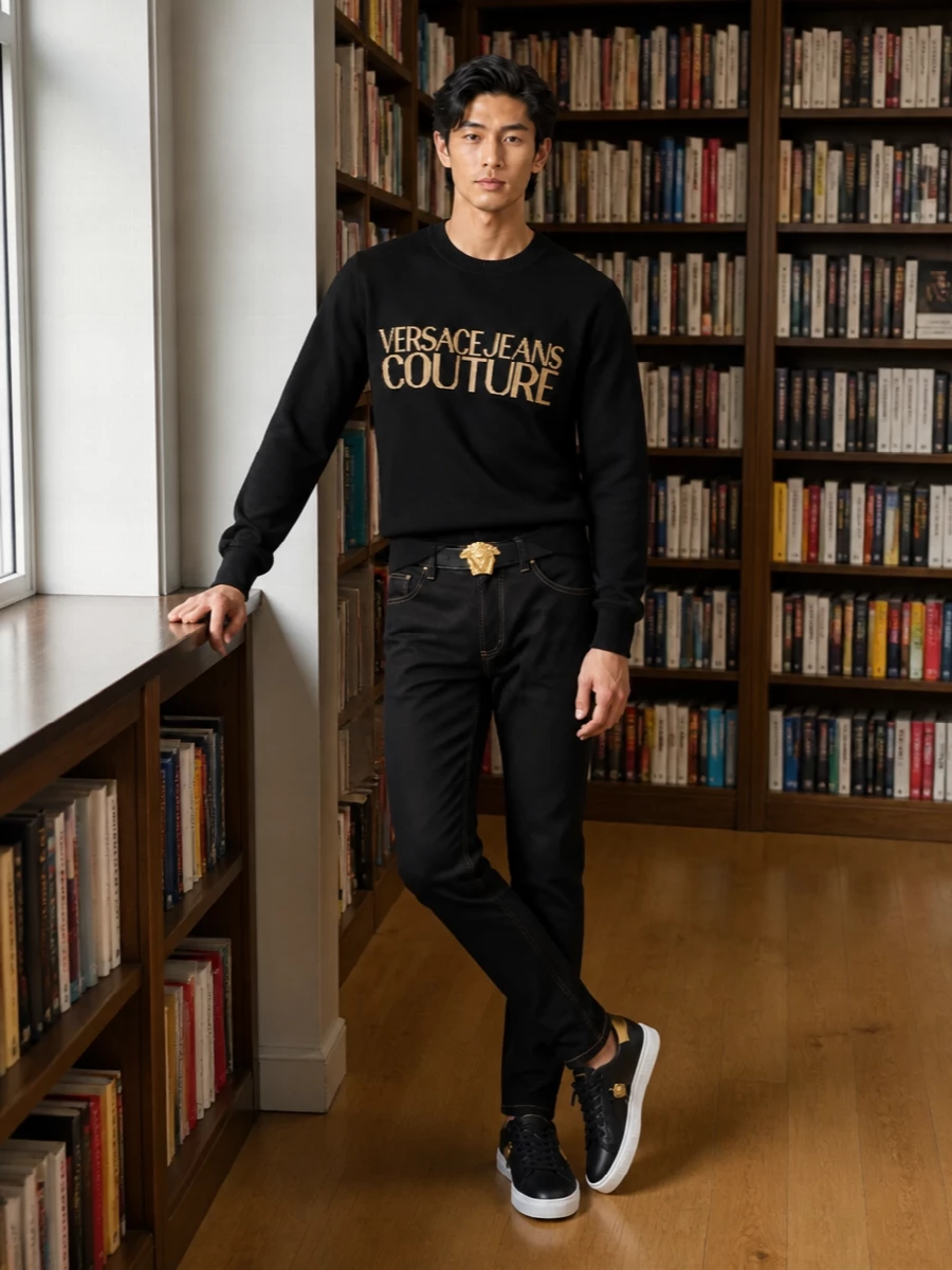 Versace logo sweater black slim jeans outfit