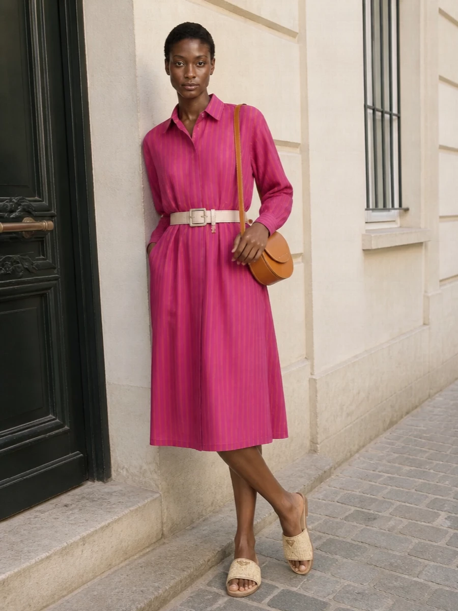 Striped shirt dress outfit raffia slides