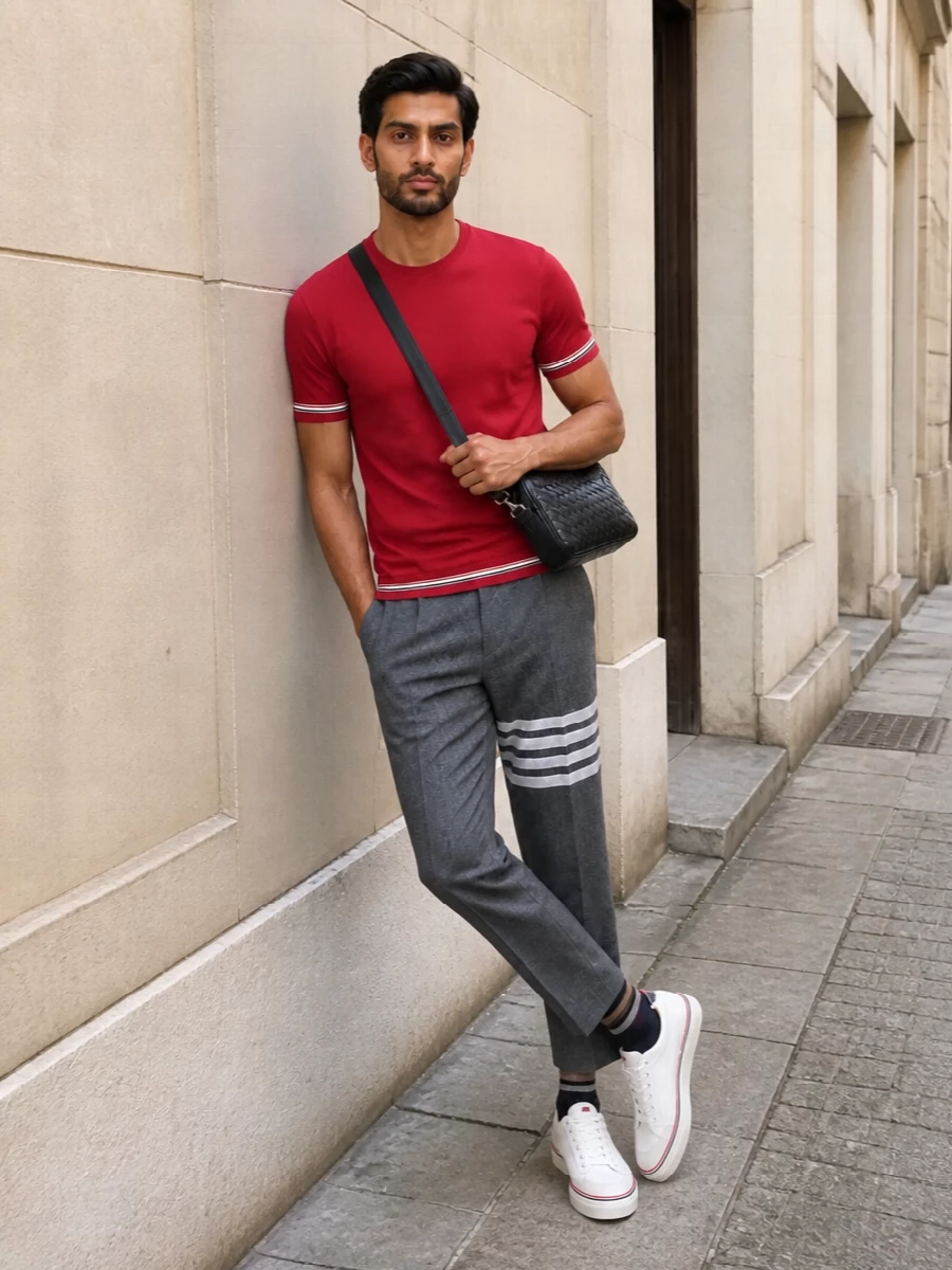 Thom browne grey wool trousers crimson tee outfit