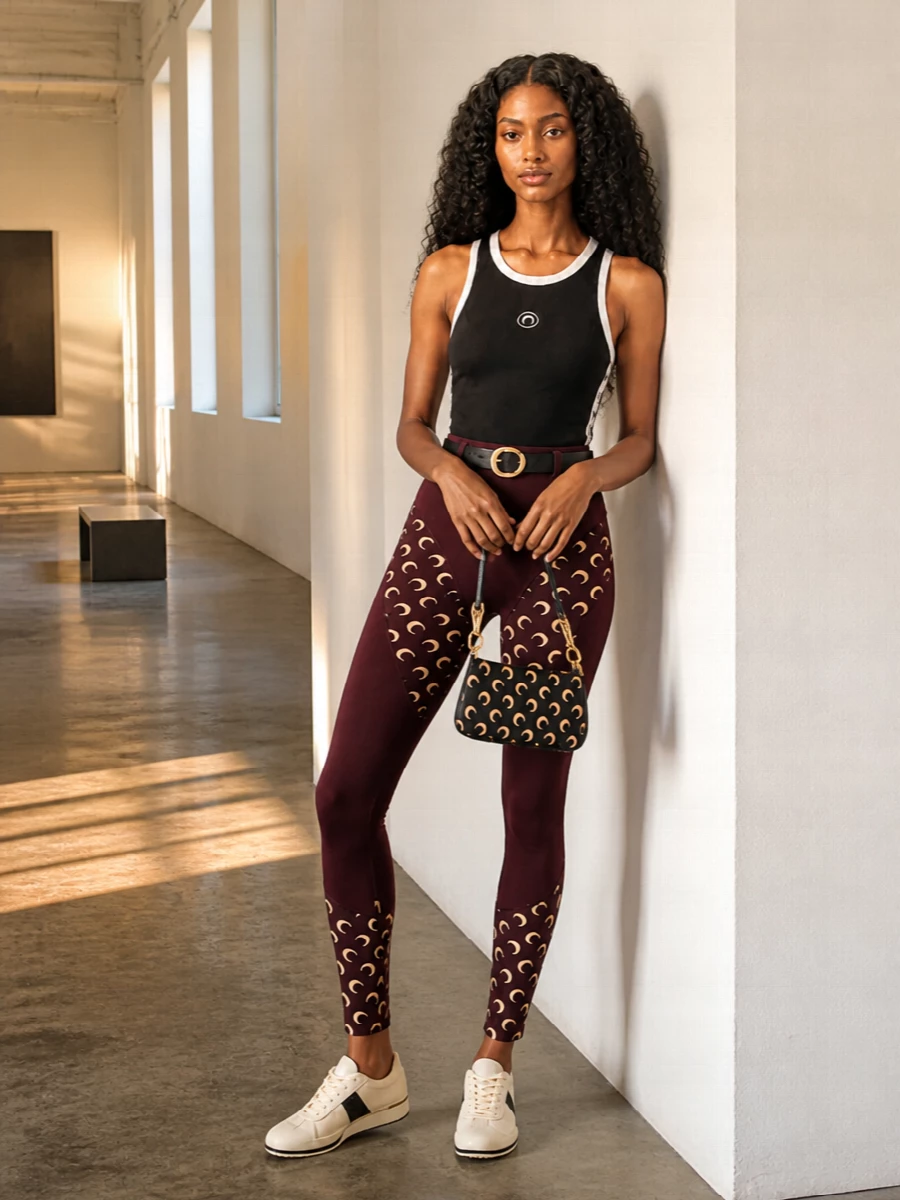 Marine Serre’s ribbed tank and paneled moon leggings create a body-conscious, athletic base that feels graphic but still clean for day. Cream-and-black sneakers keep the line streamlined and grounded, while the matching moon baguette and crescent-buckle belt quietly double down on the brand’s iconography without overwhelming the silhouette.