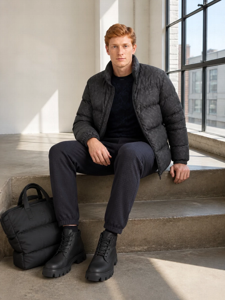 Etro puffer moncler boots padded tote outfit