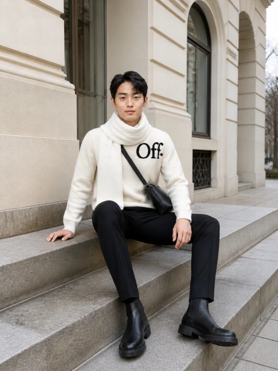 Off white sweater black tailored trousers boots