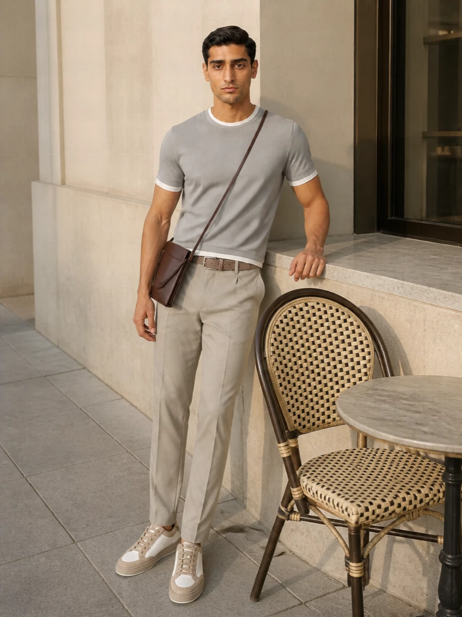 Soft grey, stone and off white come together in a calm, tailored take on casual, with the contrast trim tee framed by clean pleated trousers. Taupe suede and chocolate leather accessories keep the palette grounded and refined, while the sneakers keep everything relaxed enough for daytime city wear. It is a quietly precise uniform that reads intentional without feeling dressed up.