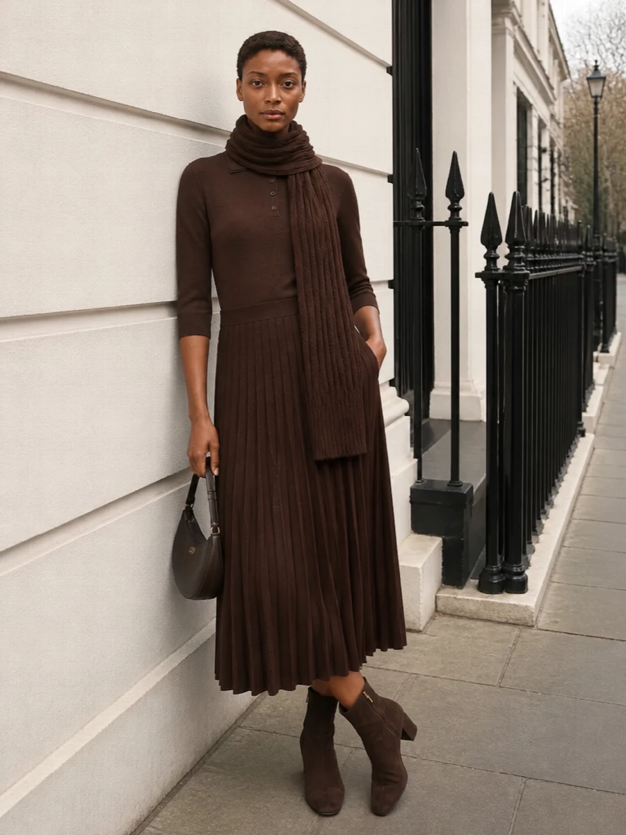 Vince brown polo pleated midi skirt outfit