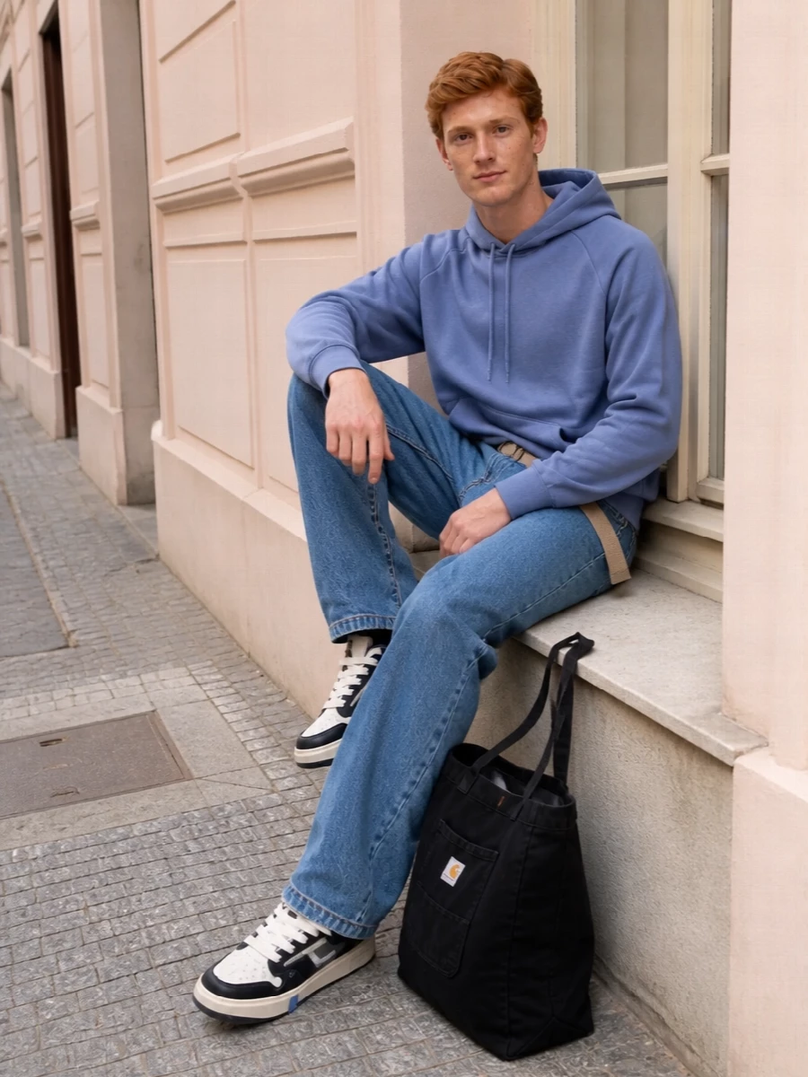 Carhartt denim blue hoodie represent sneakers