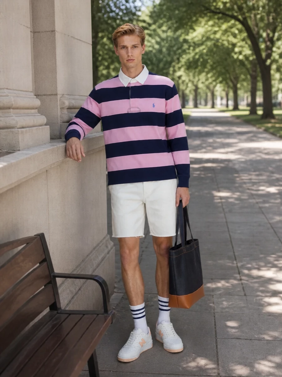 Polo rugby chino shorts white sneakers outfit