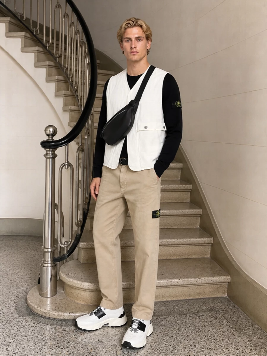 Stone island vest outfit sand cargo trousers