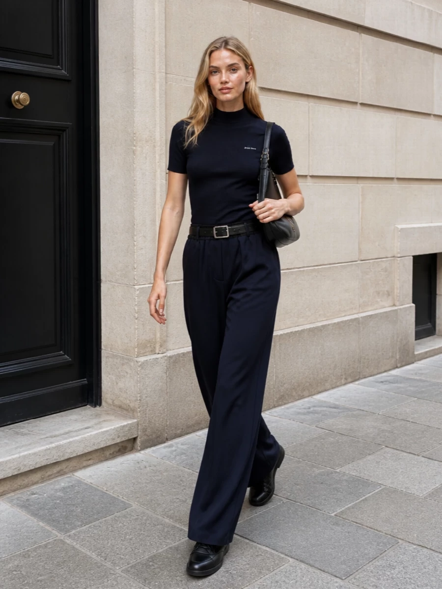 Deep navy wide-leg trousers are paired with a slim navy mock-neck knit to form a sleek, elongated column that feels polished yet off-duty. Sleek black low-top sneakers keep the attitude urban and relaxed, while a compact black crescent shoulder bag and a refined black belt provide just enough structure and hardware to underscore the quiet-luxury mood without breaking the minimalist line.