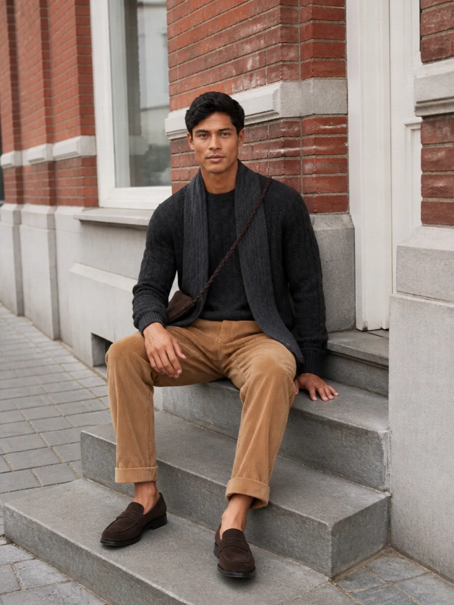 Polo cable sweater camel corduroy trousers
