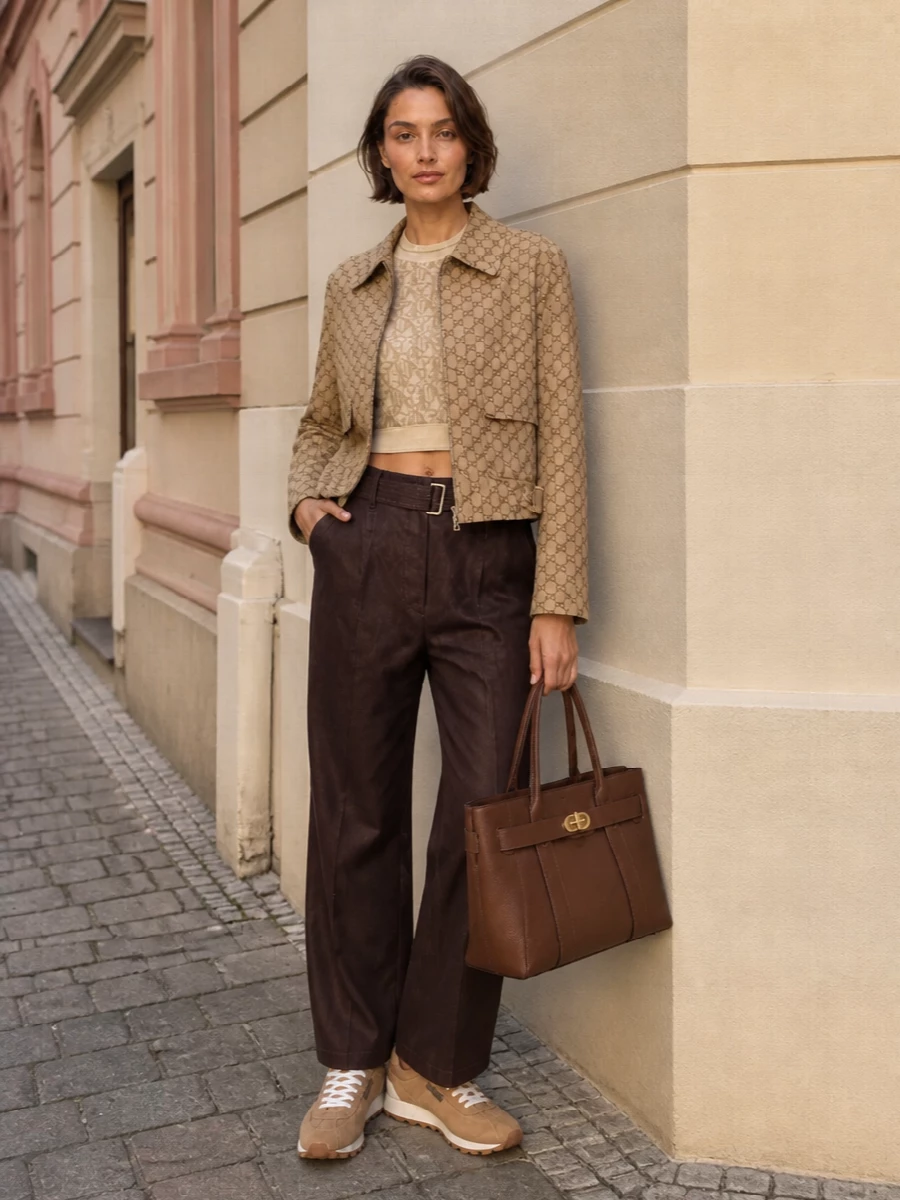 I’m styling the Gucci monogram jacket with separates rather than a dress so the heritage logo can sit against clean, tailored lines instead of competing with another statement piece. The Palm Angels knit brings a modern logo echo and cropped proportion, the Brunello Cucinelli chocolate trouser and runner ground everything in quiet tailoring, and the Mulberry tote finishes it as a polished, preppy city uniform in warm camel and brown tones.