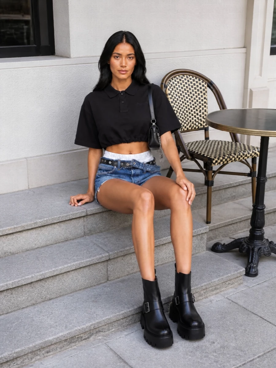 Alexander wang denim shorts black polo boots