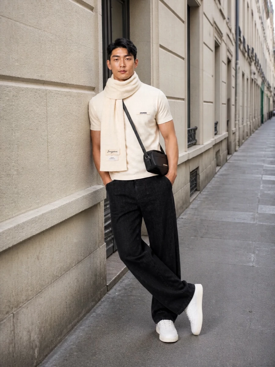 Jacquemus cream tee black jeans street outfit
