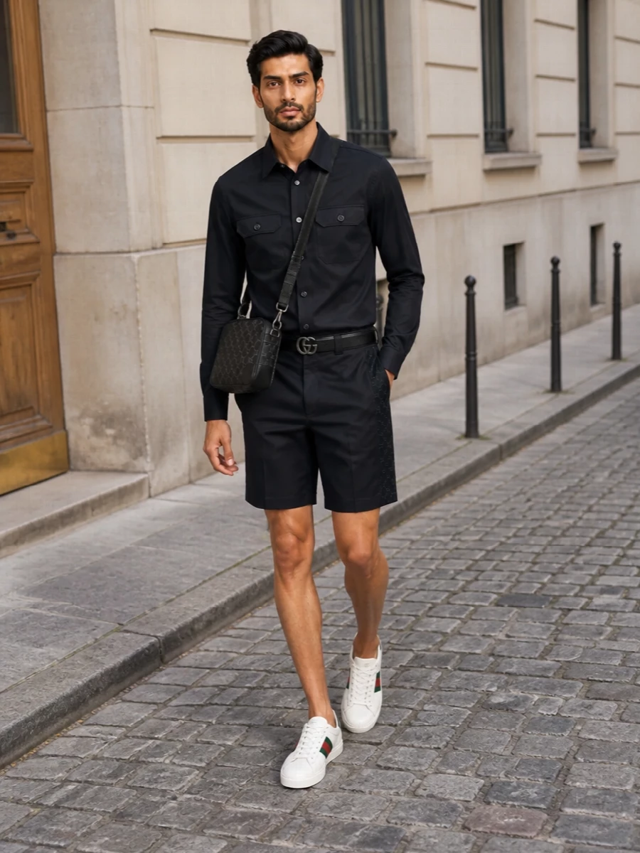 Gucci navy utility shirt tailored shorts outfit