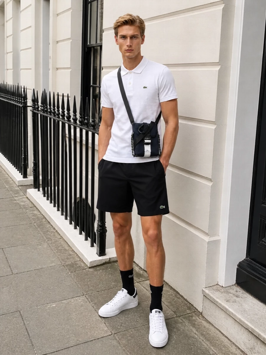 Lacoste’s black sport shorts meet a crisp white polo for a clean, tennis-club inspired uniform that feels relaxed but still thought through. White court sneakers keep everything grounded in that easy athletic mood, while the compact navy crossbody and black ribbed socks add just enough detail for city days without breaking the minimal palette.