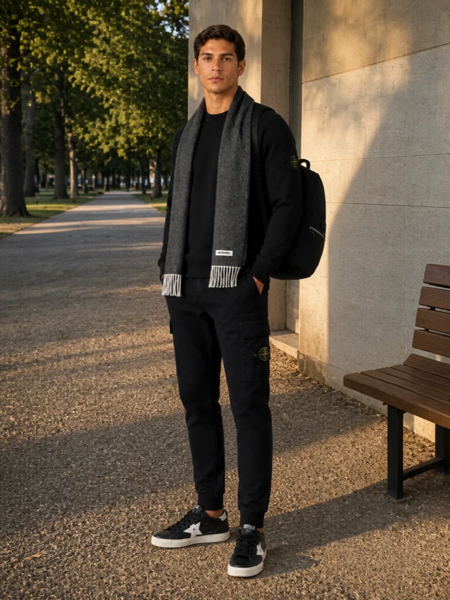 A head-to-toe Stone Island base in washed black and charcoal creates a tight, utility-driven street set that feels ready for real city movement. The tonal-logo sweatshirt and cargo joggers read as a single, clean line, while the black Golden Goose sneakers and nylon backpack keep everything agile and premium without adding noise. The charcoal scarf softens the edges just enough, giving warmth and texture while staying firmly in the monochrome story.