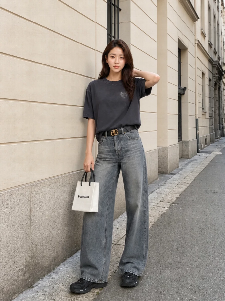 Balenciaga wide leg jeans chunky sneakers outfit