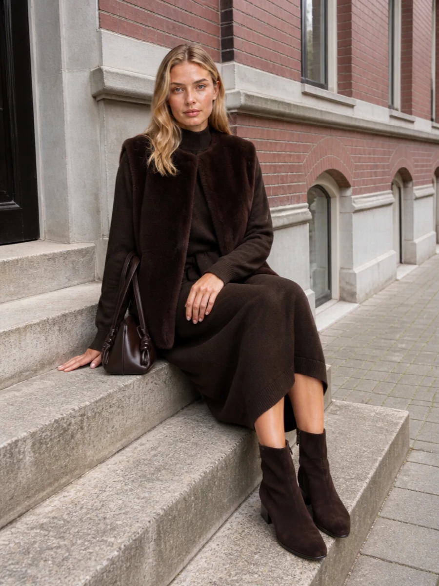 Lemaire knit dress herno faux fur gilet outfit