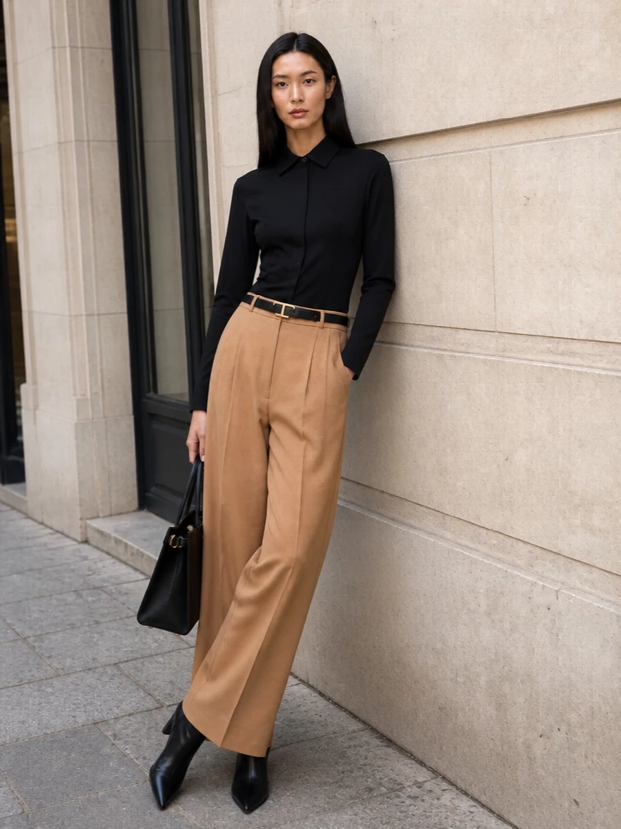 Camel high-waist, wide-leg trousers are grounded with a sharply tailored black Sportmax shirt for a clean, columnar silhouette that feels impeccably modern. Sleek black Burberry stiletto ankle boots and a structured black top-handle bag keep the mood decisively polished, while a minimal black belt quietly defines the waist and reinforces the refined camel-and-black palette. The result is a precise FW look that slips effortlessly from boardroom to late dinner without losing its quiet-luxury attitude.