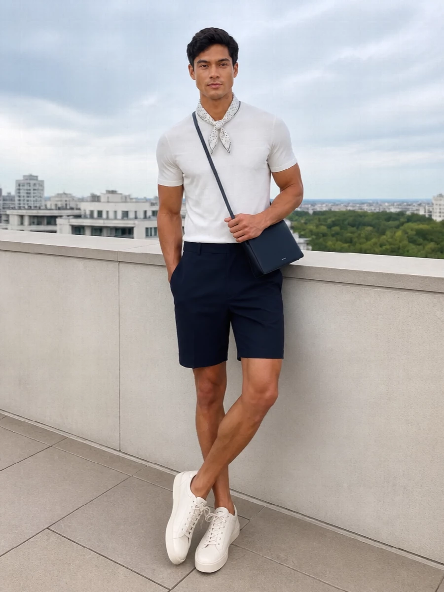 John smedley white knit navy shorts tods sneakers