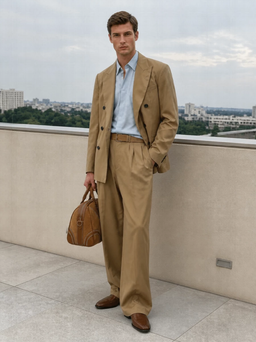 Dries van noten camel wide leg trousers outfit