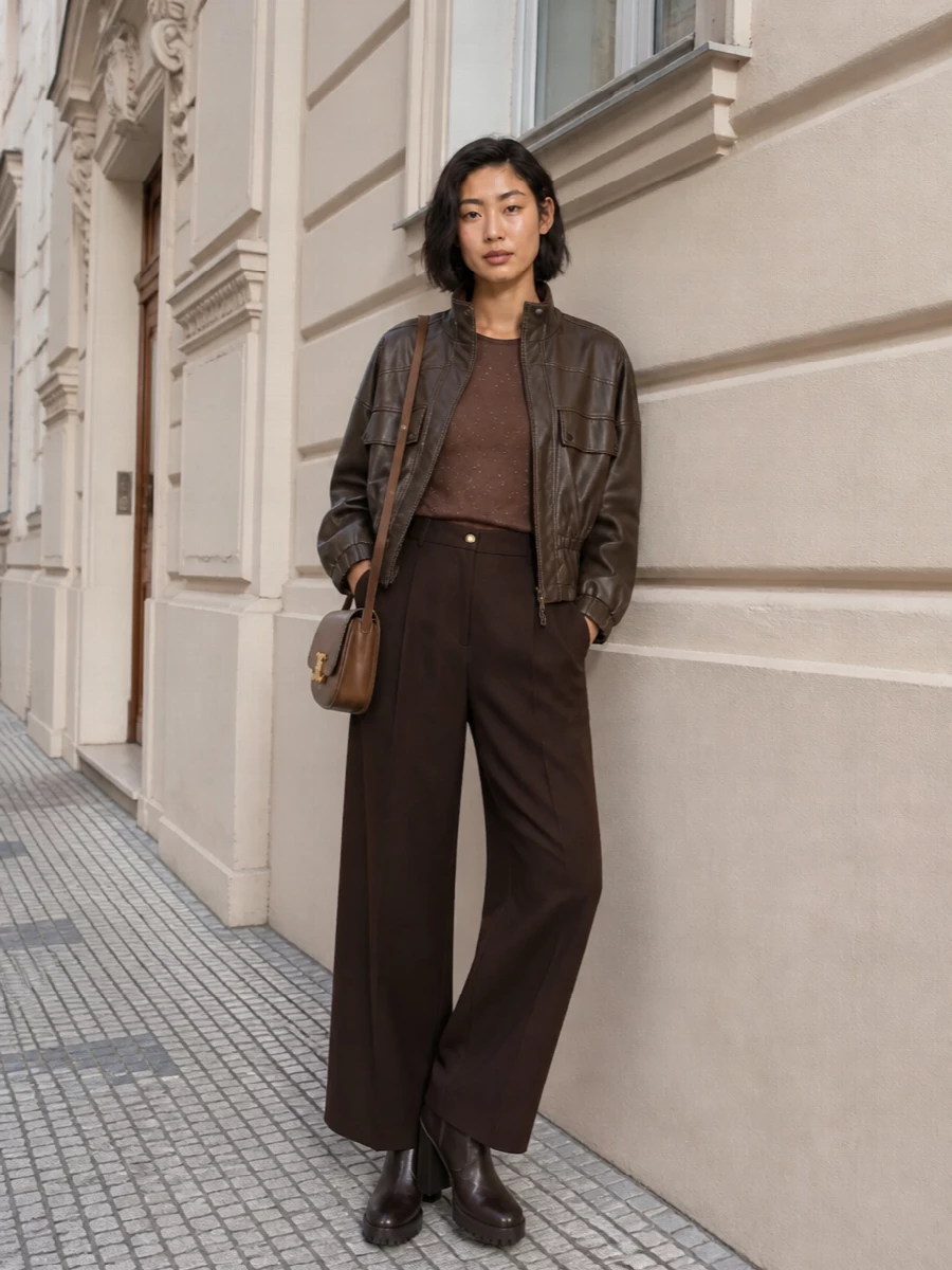 Pinko brown bomber wide leg trousers outfit