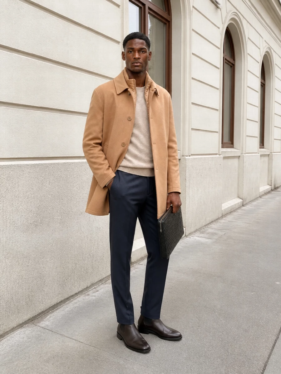 Herno camel coat tailored trousers outfit