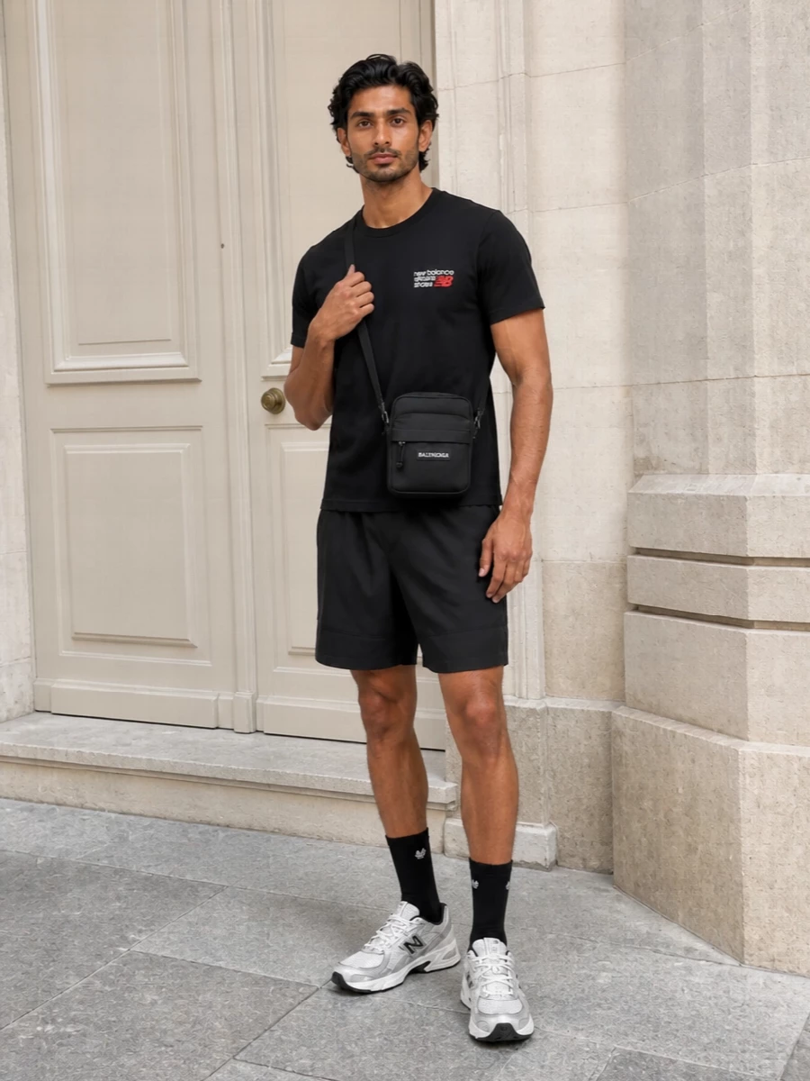 A black New Balance tee sits over equally clean black technical shorts, keeping the vibe streamlined and easy for warm days in the city. Crisp white and silver runners lighten the base and lean into modern dad-sneaker energy, while a compact Balenciaga crossbody and sharp black socks add a discreet luxury layer without breaking the sport-led mood. The result is a simple, athletic uniform that moves naturally from coffee run to commute to low-key weekend plans.