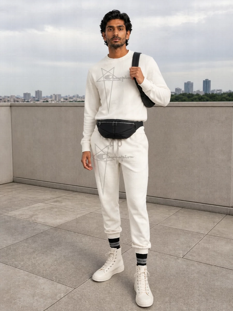 Rick owens off white tracksuit cream high top sneakers