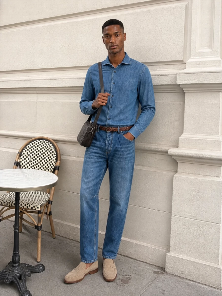 A tailored denim-on-denim base meets pleated jeans that read like trousers, keeping the line sharp while the wash stays softly relaxed. Taupe suede slip-ons and a chestnut braided belt warm the blues without breaking the minimalist mood. A deep espresso crossbody in woven leather finishes the outfit with quiet texture and grown-up polish for city days and informal dinners alike.