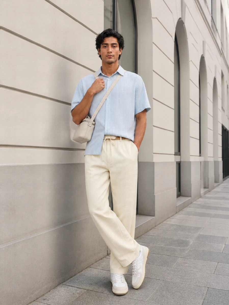 Lanvin’s cream drawstring trouser meets a pale blue striped short-sleeve shirt for a relaxed, gallery-ready uniform that stays fresh in the heat. Soft white paneled sneakers keep it quietly sporty, while a cream crossbody and tan braided belt bring just enough structure for lunches, travel and long city days. The result is an easy straight-leg silhouette with a light, tonal palette that reads considered without feeling dressed up.