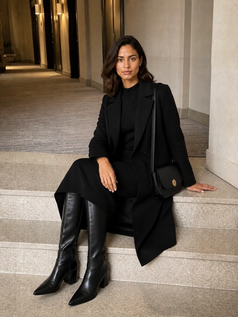 Max mara black coat midi dress knee boots