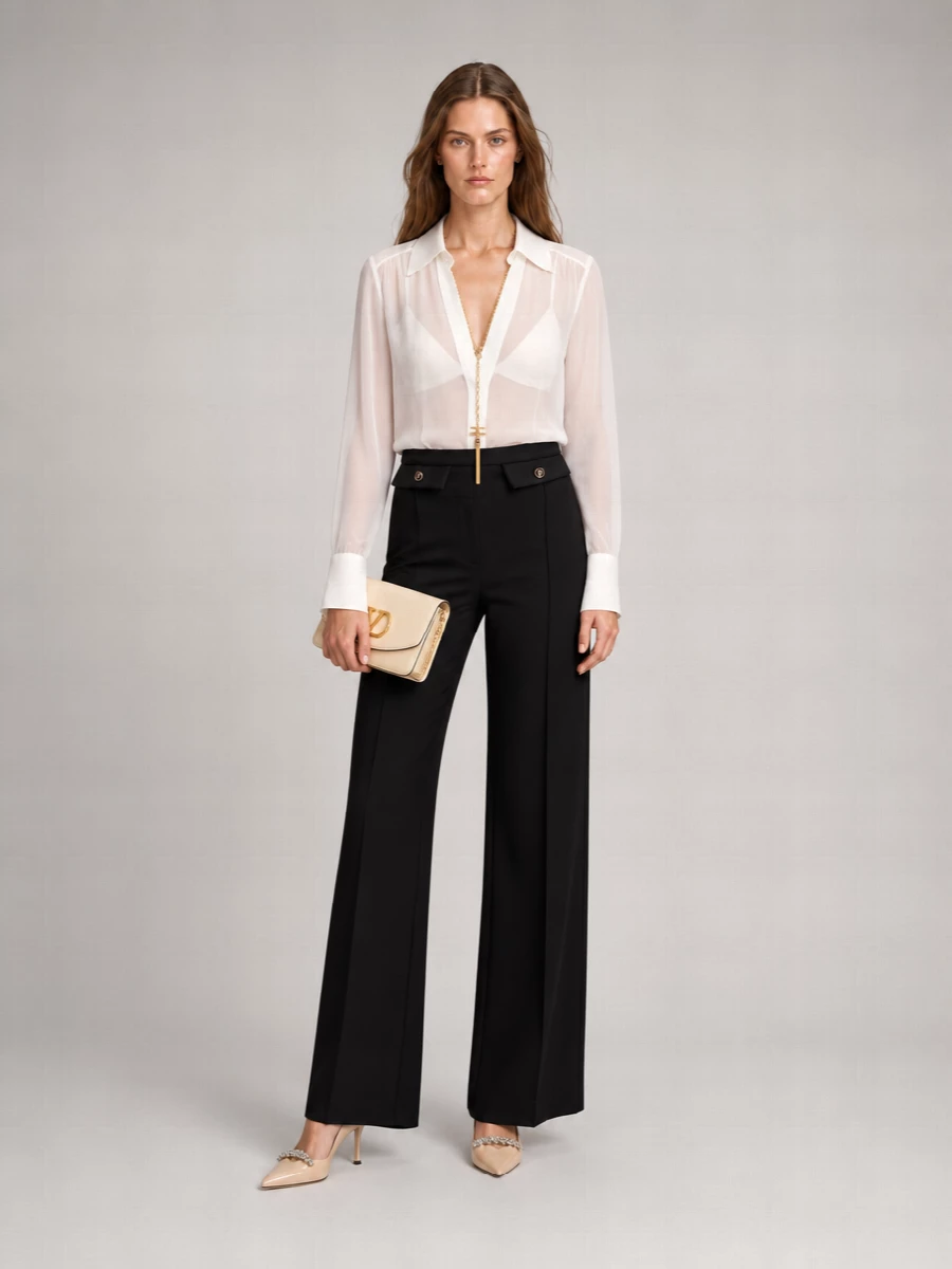 A sheer white chain-detailed blouse softens the precision of high-waisted black wide-leg tailoring for a romantic, city-evening mood. Nude crystal-detailed pumps and a buttercream gold-logo clutch keep the palette light, elongating and luminous against the dark base. The result is quietly glamorous, formal enough for dinners or events while still feeling fluid and feminine.