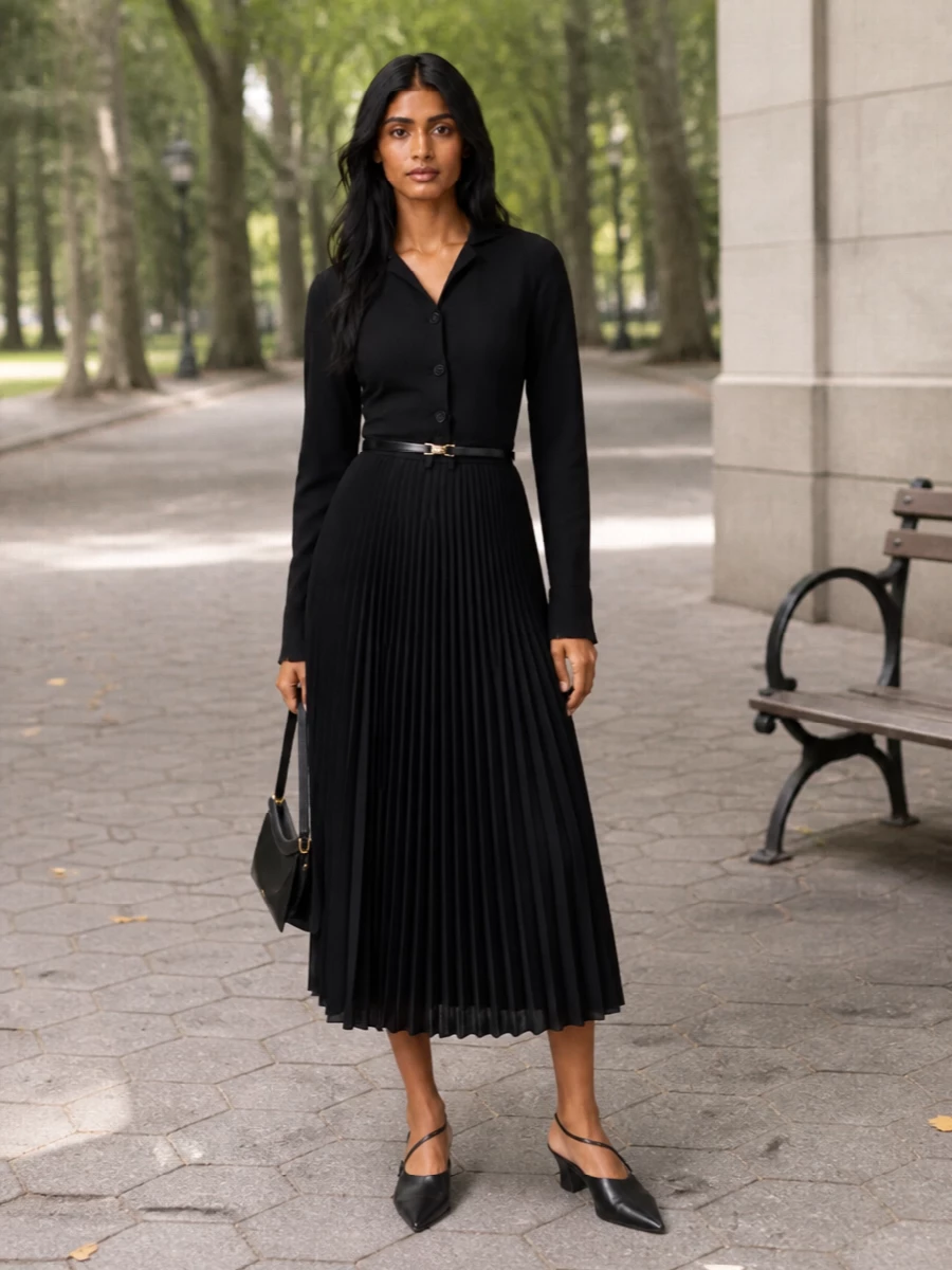 A high-waisted pleated Junya skirt meets a cinched Jil Sander shirt, creating a long, sculpted black column with real presence. Pointed Jil Sander mules and a structured Alaïa shoulder bag refine the line, while a slim belt quietly sharpens the waist. The result is a precise, gallery-to-dinner ensemble that feels architectural without ever shouting for attention.