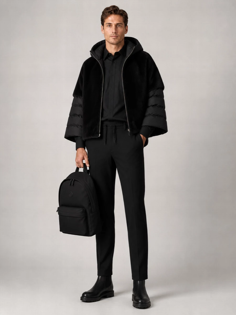 Herno Faux Fur Hooded 3/4 Sleeve Cape