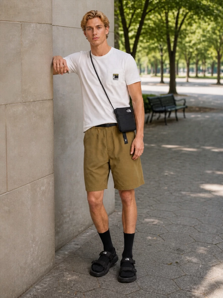 A clean white trail tee meets structured khaki shorts for a simple, outdoors-leaning uniform that still feels sharp in the city. Black technical sandals and a compact crossbody keep everything light, mobile and quietly utilitarian. The palette stays neutral and grounded so the focus is on function and easy movement in warm weather.