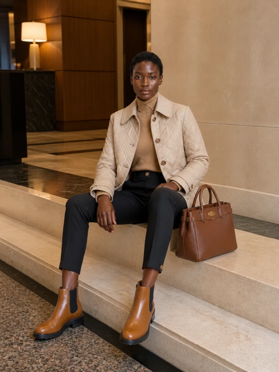 Burberry quilted jacket camel knit tailored pants