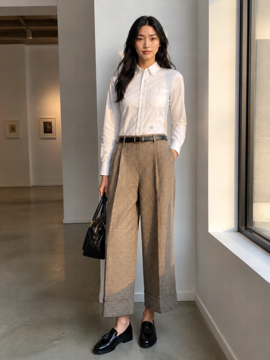 Thom browne checked trousers white oxford outfit