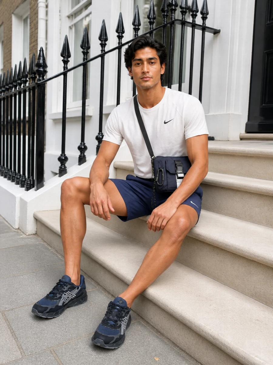 Nike navy sport outfit white tee asics runners