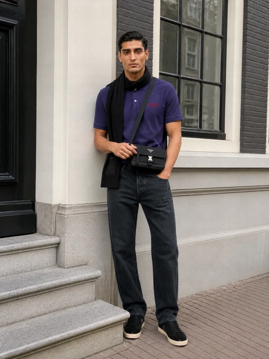 Acne polo prada trousers sneakers outfit