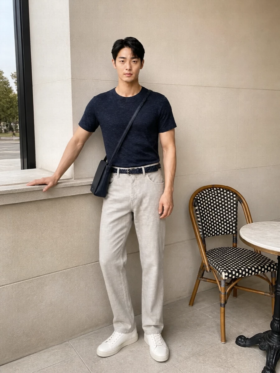 Woolrich navy tee beige jeans tods sneakers