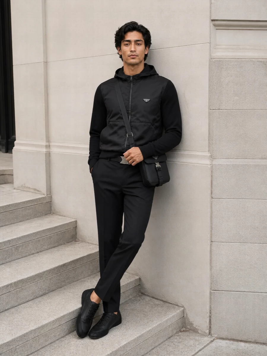 A monochrome Prada set that leans into technical textures and clean lines, this pairing keeps the hoodie’s hybrid knit-and-nylon energy running through the tapered track pant and streamlined sneakers. The compact crossbody and precise belt add just enough hardware to underline the urban, sport-driven mood while staying firmly in quiet-luxury territory.