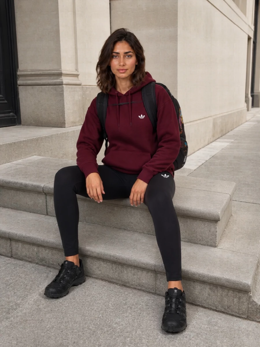 This is a commute-to-trail uniform built around a slouchy Adidas hoodie, clean black leggings, and serious Salomon trail sneakers. The proportions stay easy on top and streamlined on the bottom so the backpack and footwear do the technical talking. I chose separates over a dress path to keep it authentically sport and functional for movement, weather shifts, and real outdoor use.