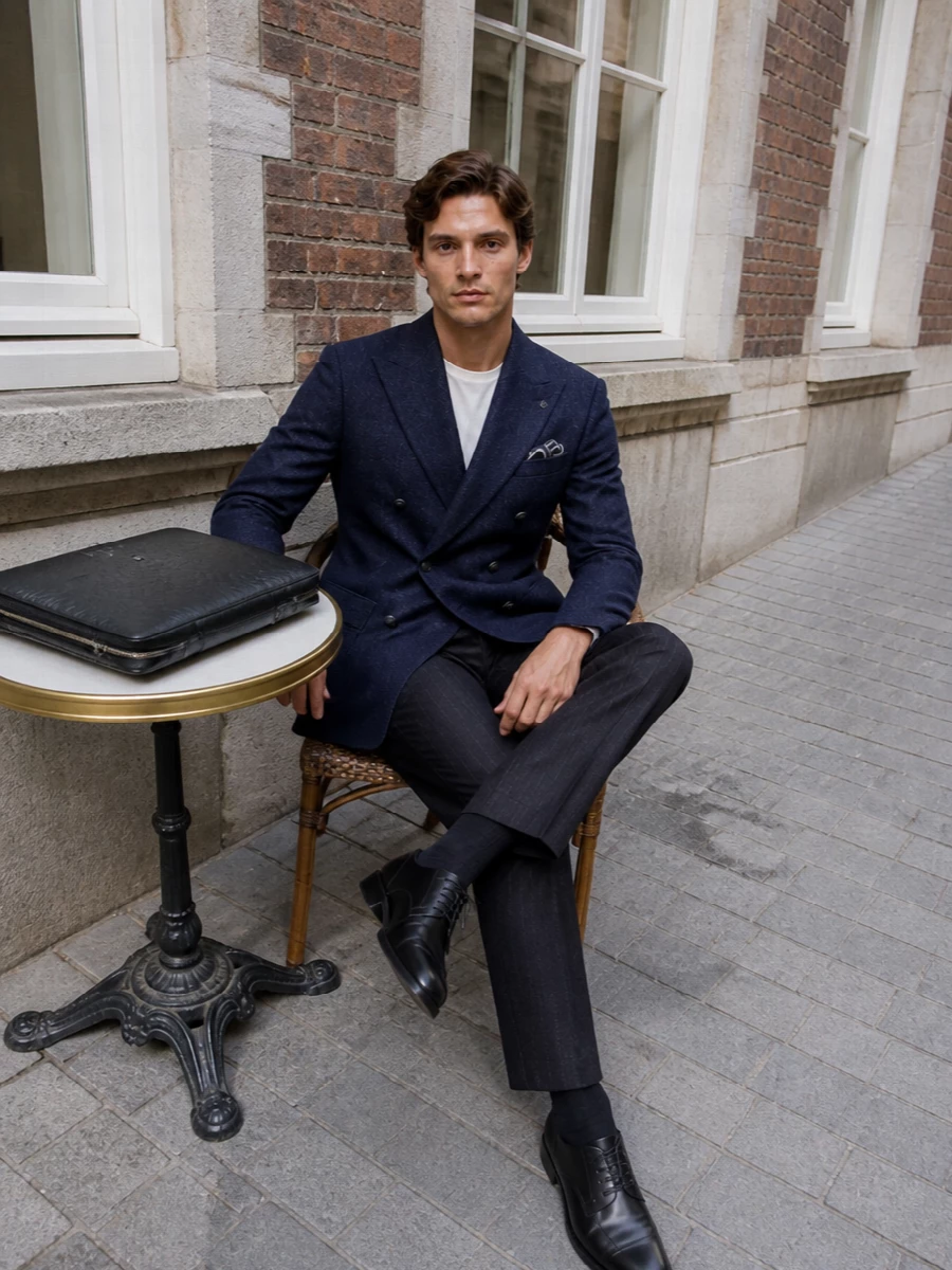Tagliatore navy blazer charcoal trousers outfit