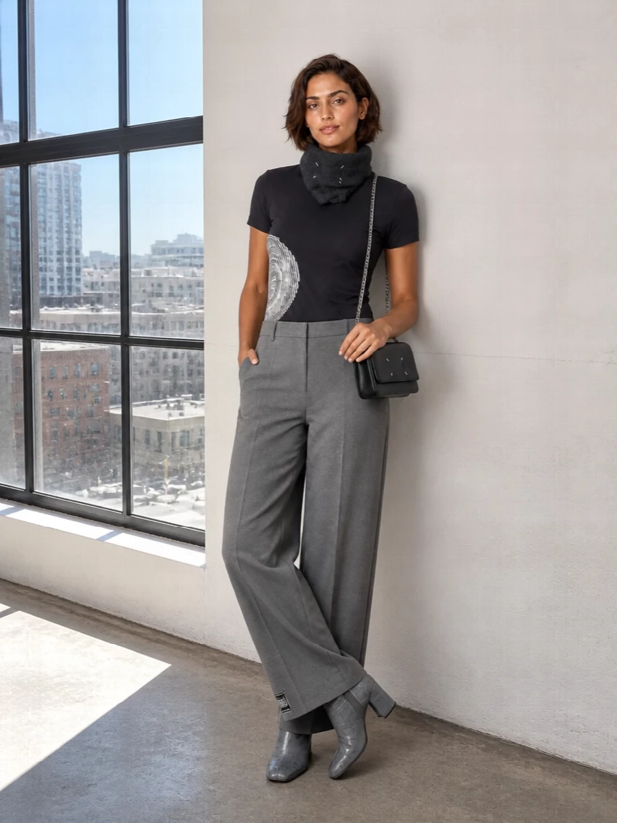 A graphic Gaultier tee meets razor-sharp grey wide-leg tailoring for a monochrome take on streetwear that still reads considered. Ombré ankle boots and a small chain-strap crossbody add quiet structure and height, while a compact charcoal scarf brings just enough winter texture around the neckline. The result is clean, directional and easy to wear from gallery afternoons to late dinners.