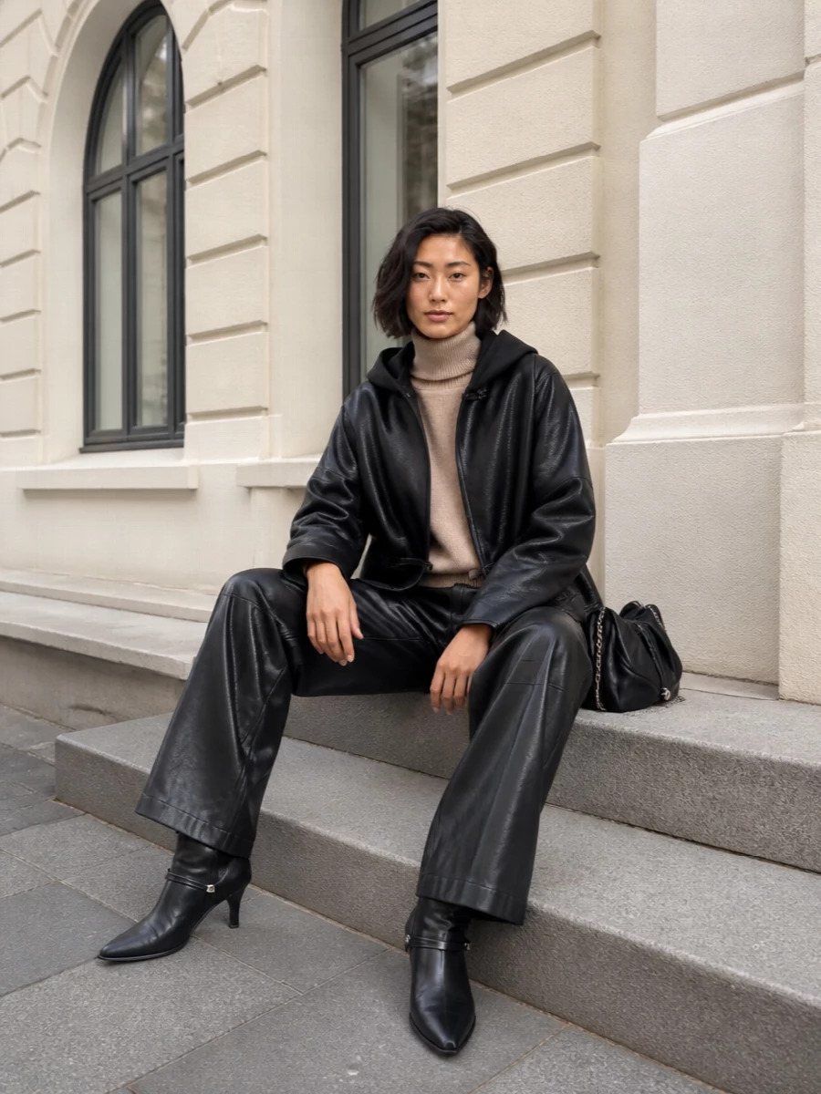 Isabel marant shearling jacket leather trousers outfit